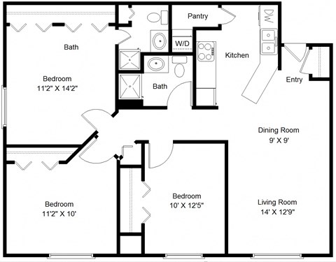Floor plan for 3 beds, 2 baths, 1162 sqft